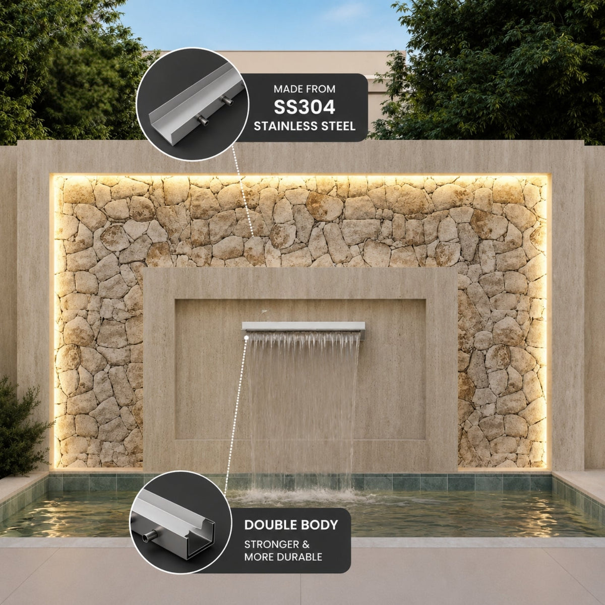 30 Inch Extended Cascade Blade Water Fountain | Wall Mounted Stainless Steel Waterfall Blade | Extended Mouth Cascade Water Feature for Indoor & Outdoor Use - STEEL ART CRAFT