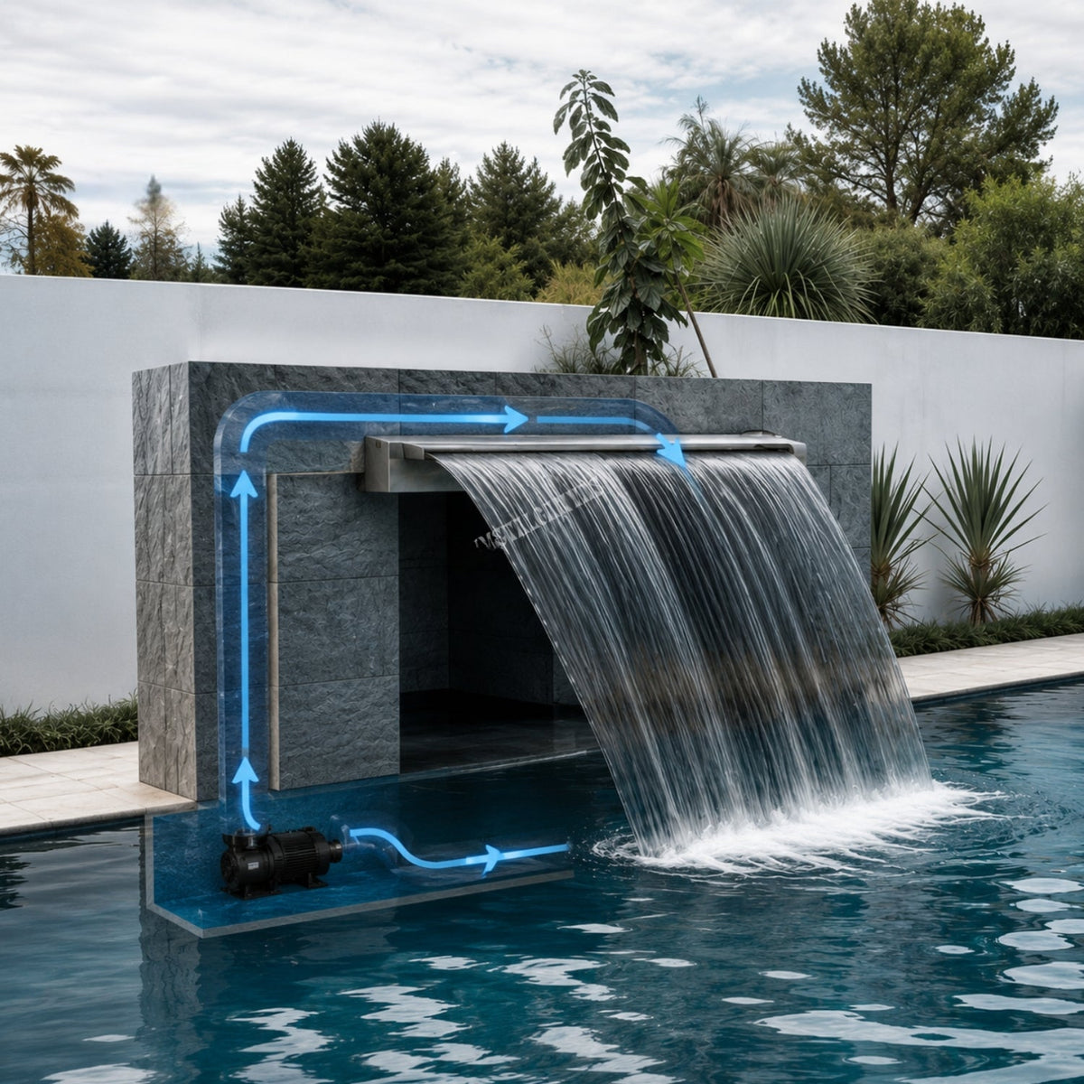 30 Inch Extended Cascade Blade Water Fountain | Wall Mounted Stainless Steel Waterfall Blade | Extended Mouth Cascade Water Feature for Indoor & Outdoor Use - STEEL ART CRAFT