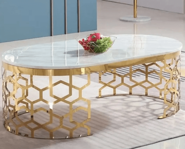 STEEL ART CRAFT Glossy Acrylic Center Table for Living Room | SS304 Stainless Steel PVD Gold Finish Frame | Modern Luxury Center Table | Available in White & Black Tabletop | 915 x 500 x 400 mm - STEEL ART CRAFT
