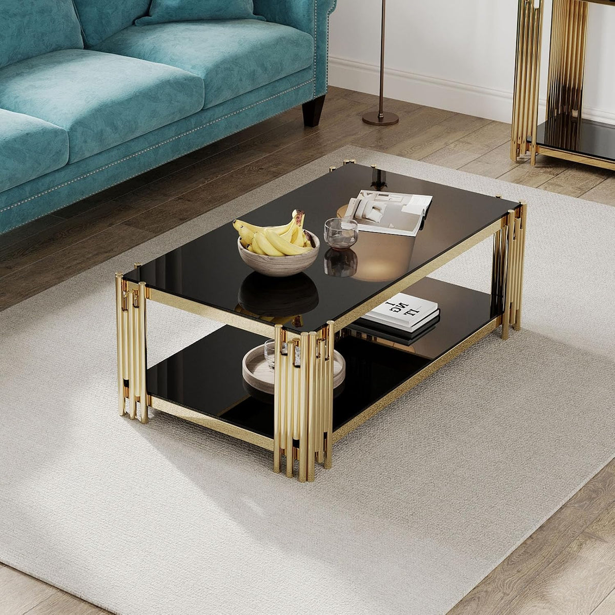 STEEL ART CRAFT Luxury Coffee Table for Living Room | 2-Tier Black Tempered Glass Top with Gold Finish Stainless Steel Frame | Modern Center Table with Lower Storage Shelf | 48 x 26 x 17.5 Inch - STEEL ART CRAFT