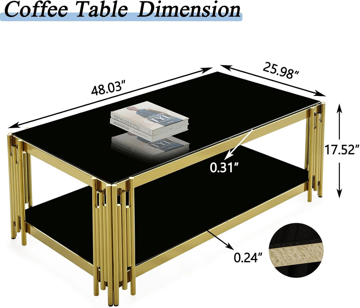 STEEL ART CRAFT Luxury Coffee Table for Living Room | 2-Tier Black Tempered Glass Top with Gold Finish Stainless Steel Frame | Modern Center Table with Lower Storage Shelf | 48 x 26 x 17.5 Inch - STEEL ART CRAFT