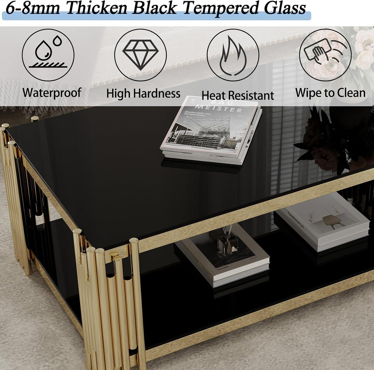 STEEL ART CRAFT Luxury Coffee Table for Living Room | 2-Tier Black Tempered Glass Top with Gold Finish Stainless Steel Frame | Modern Center Table with Lower Storage Shelf | 48 x 26 x 17.5 Inch - STEEL ART CRAFT