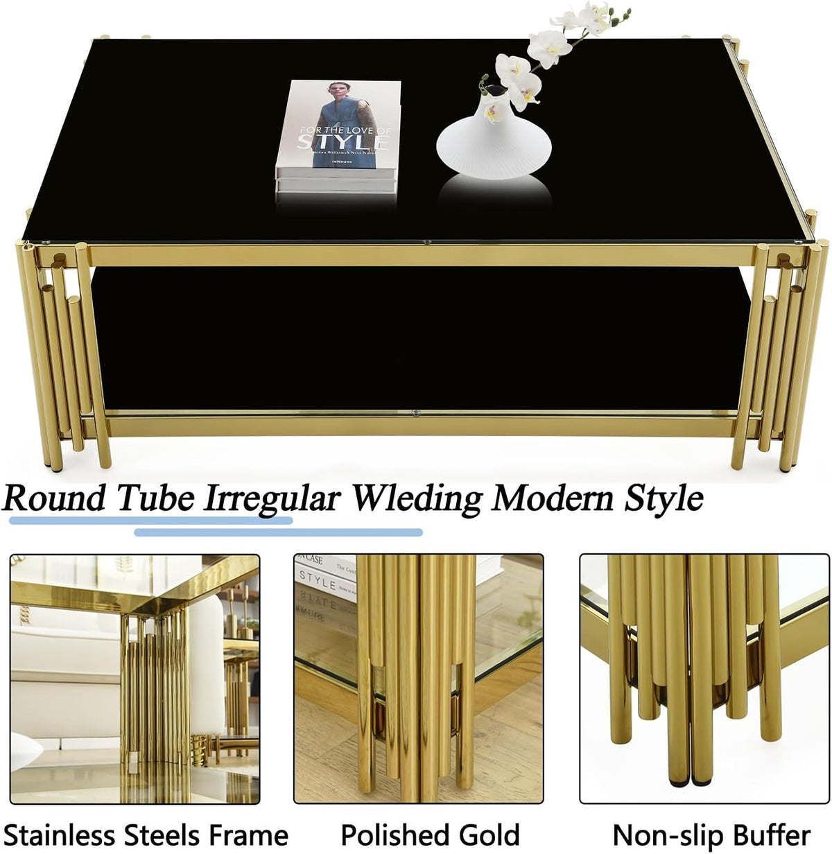 STEEL ART CRAFT Luxury Coffee Table for Living Room | 2-Tier Black Tempered Glass Top with Gold Finish Stainless Steel Frame | Modern Center Table with Lower Storage Shelf | 48 x 26 x 17.5 Inch - STEEL ART CRAFT