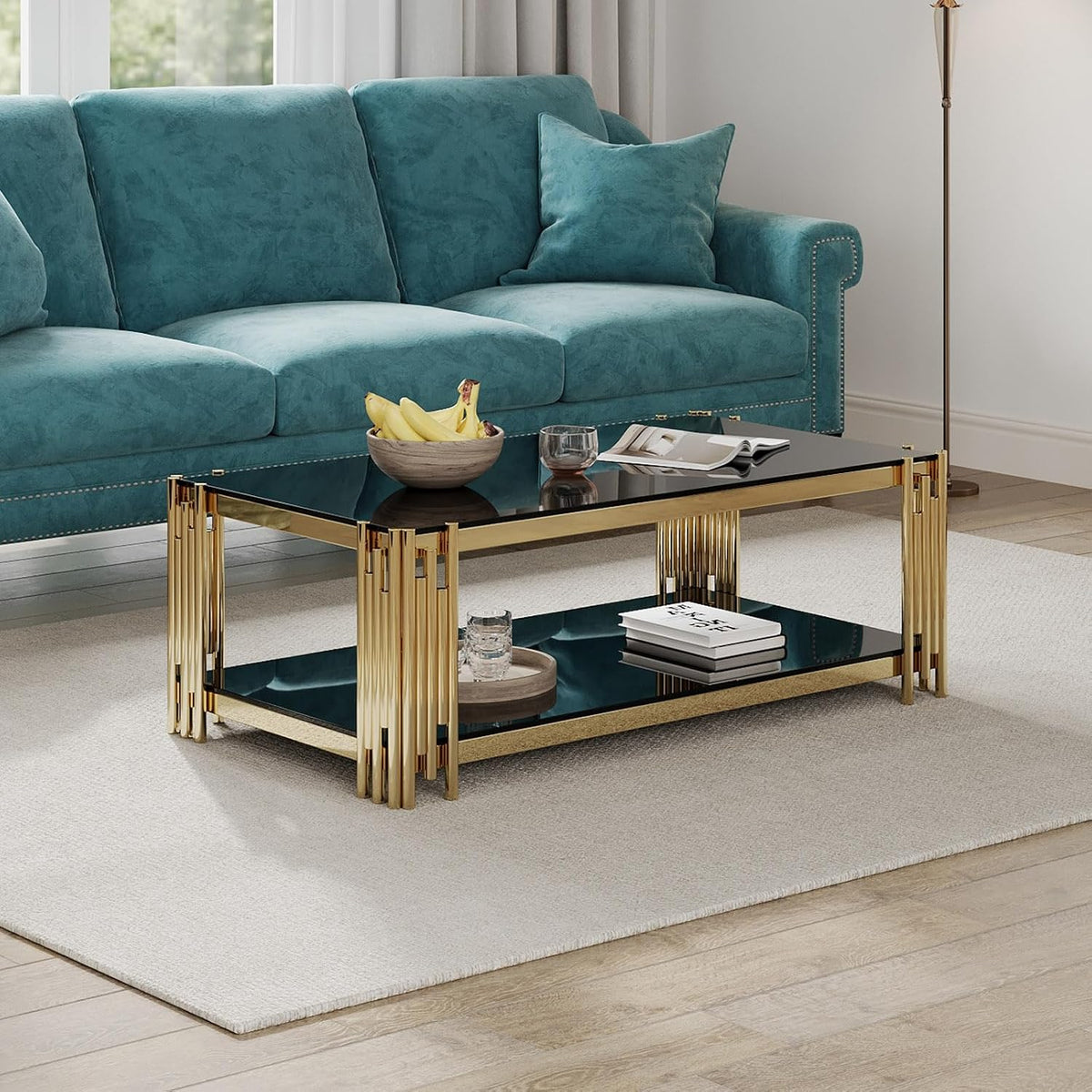 STEEL ART CRAFT Luxury Coffee Table for Living Room | 2-Tier Black Tempered Glass Top with Gold Finish Stainless Steel Frame | Modern Center Table with Lower Storage Shelf | 48 x 26 x 17.5 Inch - STEEL ART CRAFT