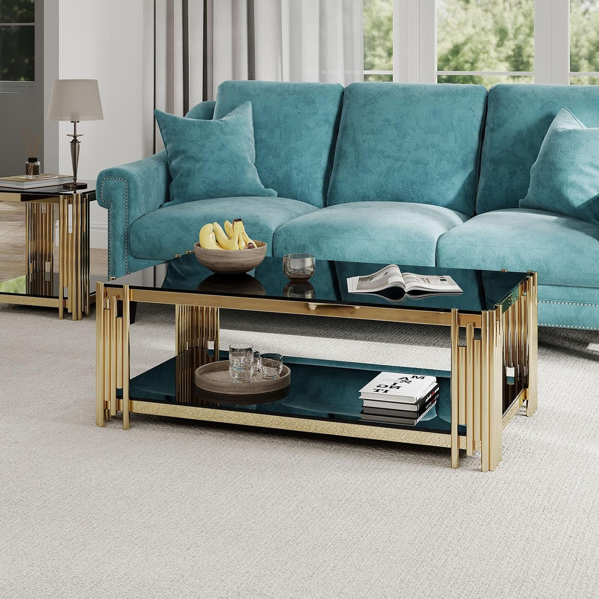 STEEL ART CRAFT Luxury Coffee Table for Living Room | 2-Tier Black Tempered Glass Top with Gold Finish Stainless Steel Frame | Modern Center Table with Lower Storage Shelf | 48 x 26 x 17.5 Inch - STEEL ART CRAFT
