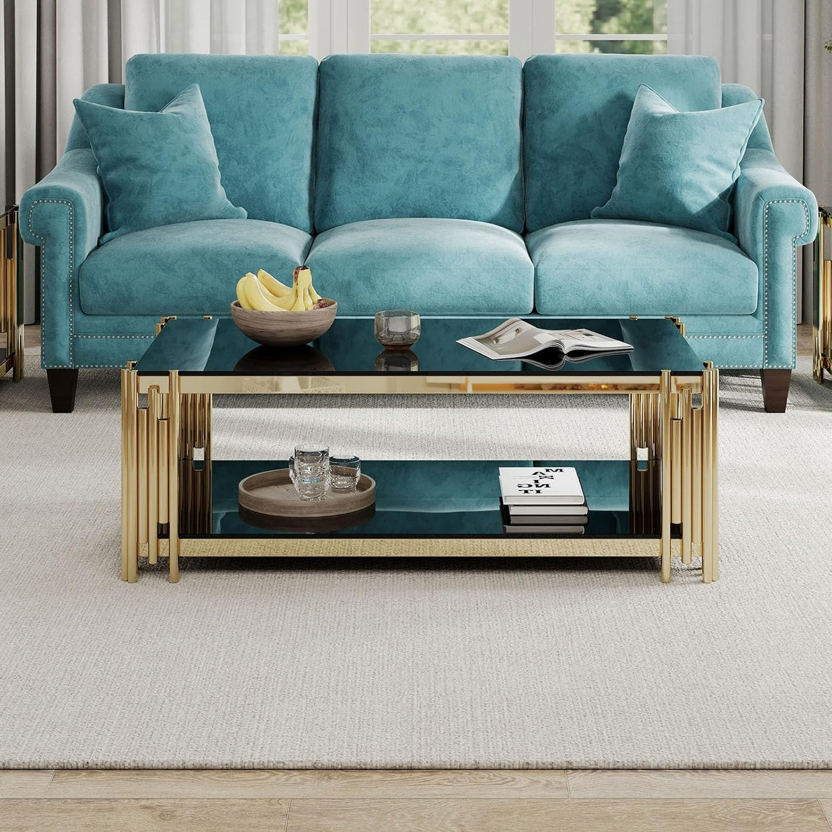 STEEL ART CRAFT Luxury Coffee Table for Living Room | 2-Tier Black Tempered Glass Top with Gold Finish Stainless Steel Frame | Modern Center Table with Lower Storage Shelf | 48 x 26 x 17.5 Inch - STEEL ART CRAFT