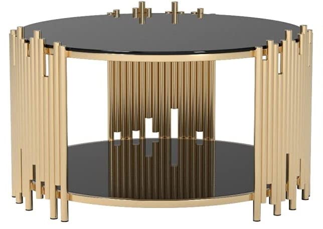 STEEL ART CRAFT Luxury Round Coffee Table for Living Room | 2-Tier 12 mm Jade Black Glass Top with Stainless Steel Mirror Gold Finish Frame | Modern Round Center Table | 30 x 30 x 18 Inch - STEEL ART CRAFT