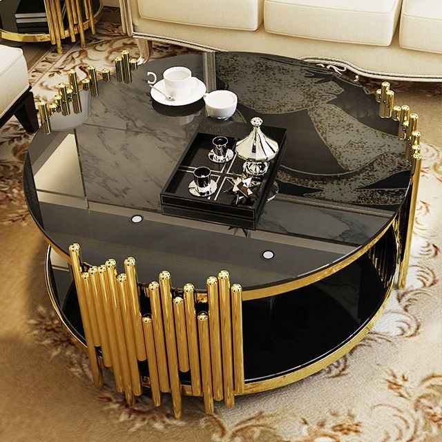 STEEL ART CRAFT Luxury Round Coffee Table for Living Room | 2-Tier 12 mm Jade Black Glass Top with Stainless Steel Mirror Gold Finish Frame | Modern Round Center Table | 30 x 30 x 18 Inch - STEEL ART CRAFT
