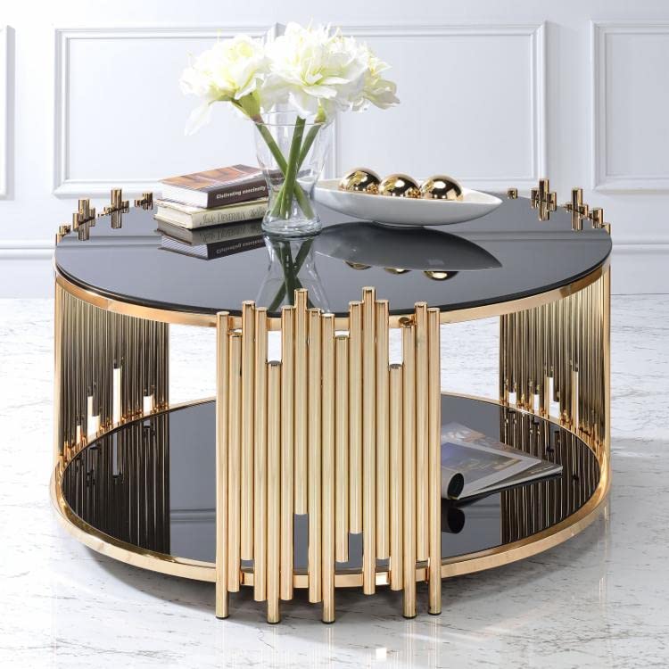 STEEL ART CRAFT Luxury Round Coffee Table for Living Room | 2-Tier 12 mm Jade Black Glass Top with Stainless Steel Mirror Gold Finish Frame | Modern Round Center Table | 30 x 30 x 18 Inch - STEEL ART CRAFT