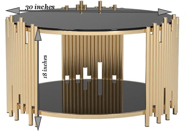 STEEL ART CRAFT Luxury Round Coffee Table for Living Room | 2-Tier 12 mm Jade Black Glass Top with Stainless Steel Mirror Gold Finish Frame | Modern Round Center Table | 30 x 30 x 18 Inch - STEEL ART CRAFT