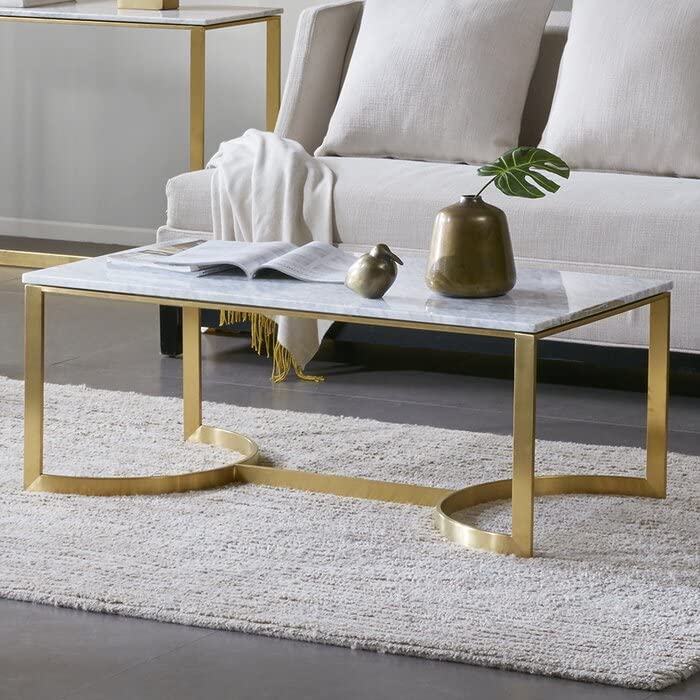 STEEL ART CRAFT Modern Coffee Table for Living Room | White Marble-Look Top with Gold Finish Metal Frame | Contemporary Center Table | Geometric Base Design | 54 x 44 x 44 cm - STEEL ART CRAFT