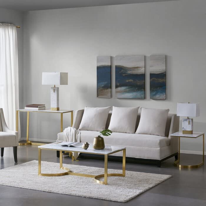 STEEL ART CRAFT Modern Coffee Table for Living Room | White Marble-Look Top with Gold Finish Metal Frame | Contemporary Center Table | Geometric Base Design | 54 x 44 x 44 cm - STEEL ART CRAFT