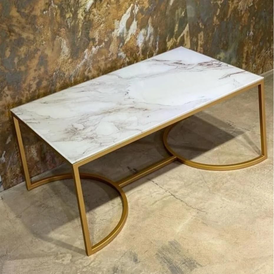 STEEL ART CRAFT Modern Coffee Table for Living Room | White Marble-Look Top with Gold Finish Metal Frame | Contemporary Center Table | Geometric Base Design | 54 x 44 x 44 cm - STEEL ART CRAFT