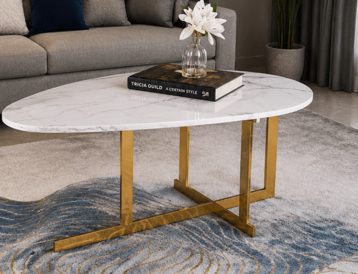 STEEL ART CRAFT Modern Coffee Table for Living Room | White Marble Top with Gold Finish Metal Frame | Contemporary Tray Top Center Table | Designer Coffee Table | 1000 x 600 x 450 mm - STEEL ART CRAFT