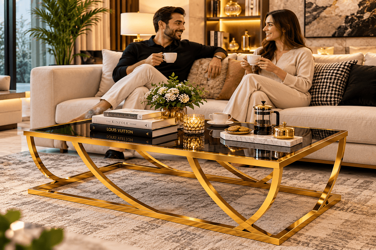 STEEL ART CRAFT Modern Glass Coffee Table | Black Tempered Glass Top with Curved Iron Base | Gold Finish Center Table for Living Room | Luxury Designer Coffee Table - STEEL ART CRAFT