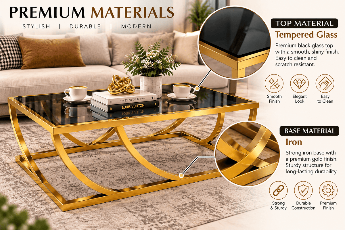 STEEL ART CRAFT Modern Glass Coffee Table | Black Tempered Glass Top with Curved Iron Base | Gold Finish Center Table for Living Room | Luxury Designer Coffee Table - STEEL ART CRAFT