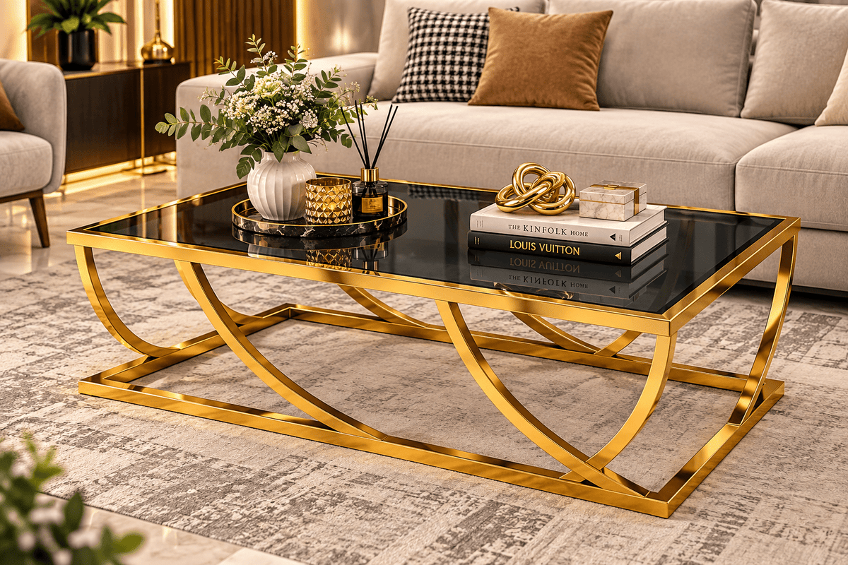 STEEL ART CRAFT Modern Glass Coffee Table | Black Tempered Glass Top with Curved Iron Base | Gold Finish Center Table for Living Room | Luxury Designer Coffee Table - STEEL ART CRAFT
