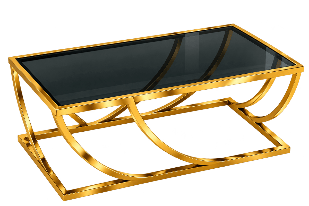 STEEL ART CRAFT Modern Glass Coffee Table | Black Tempered Glass Top with Curved Iron Base | Gold Finish Center Table for Living Room | Luxury Designer Coffee Table - STEEL ART CRAFT