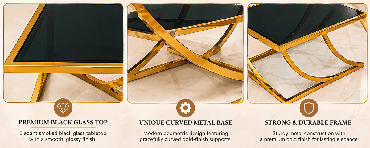 STEEL ART CRAFT Modern Glass Coffee Table | Black Tempered Glass Top with Curved Iron Base | Gold Finish Center Table for Living Room | Luxury Designer Coffee Table - STEEL ART CRAFT