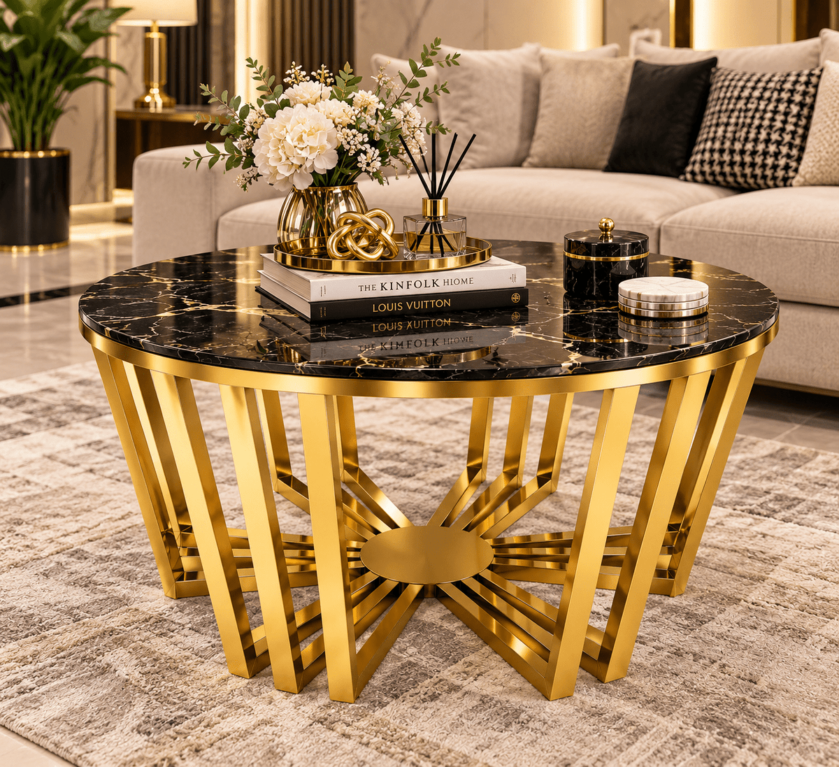 STEEL ART CRAFT Radiant Circle Center Table Model 3001 | Round Marble Top Coffee Table with Stainless Steel Gold PVD Base | Modern Luxury Living Room Table | White & Black Top Variants - STEEL ART CRAFT