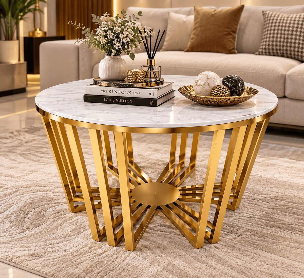 STEEL ART CRAFT Radiant Circle Center Table Model 3001 | Round Marble Top Coffee Table with Stainless Steel Gold PVD Base | Modern Luxury Living Room Table | White & Black Top Variants - STEEL ART CRAFT