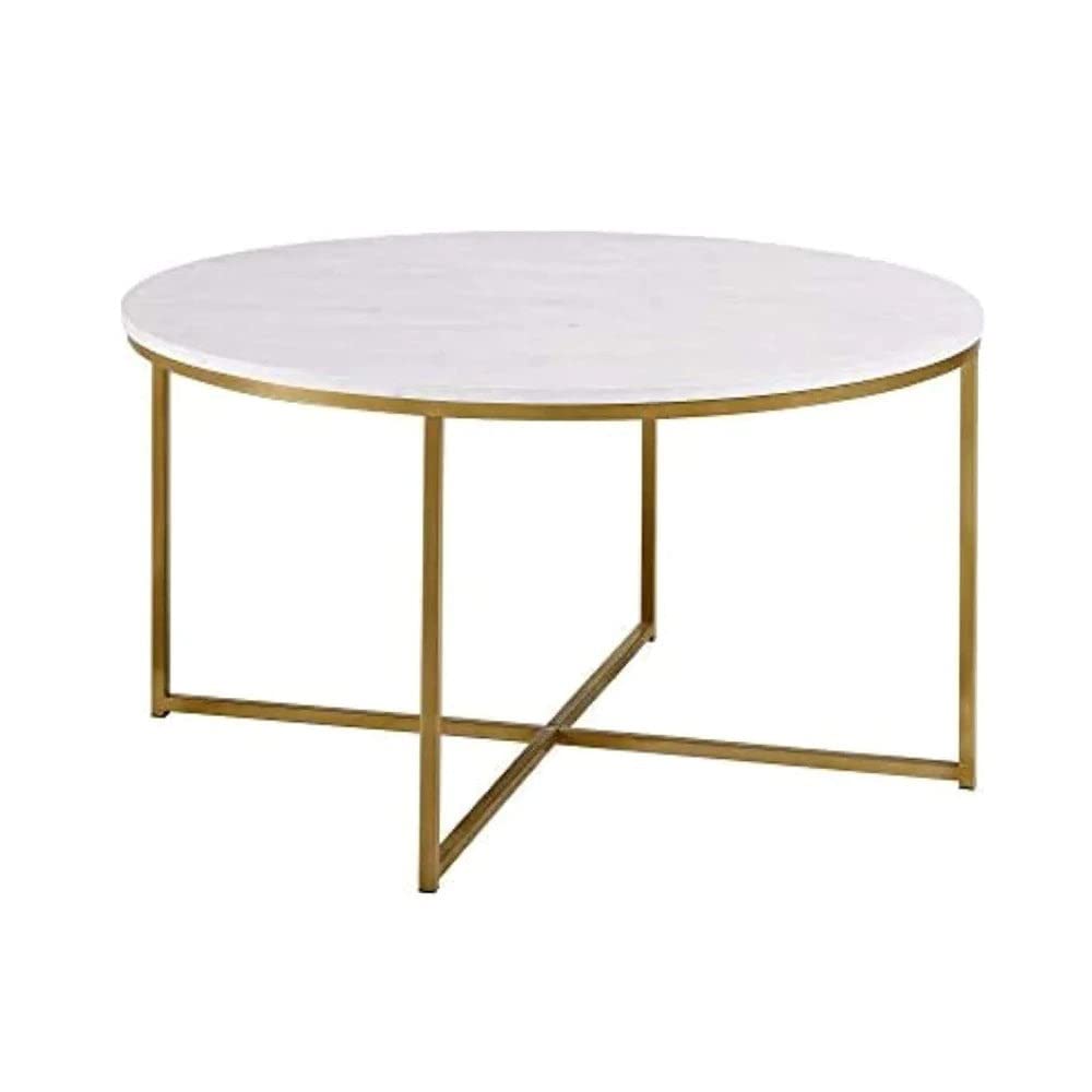 STEEL ART CRAFT Round Coffee Table for Living Room | White Marble-Look Tabletop with Gold Finish Metal Frame | Modern Round Center Table | 70 x 70 x 45 cm - STEEL ART CRAFT
