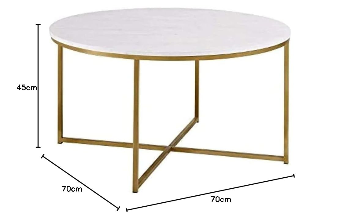 STEEL ART CRAFT Round Coffee Table for Living Room | White Marble-Look Tabletop with Gold Finish Metal Frame | Modern Round Center Table | 70 x 70 x 45 cm - STEEL ART CRAFT