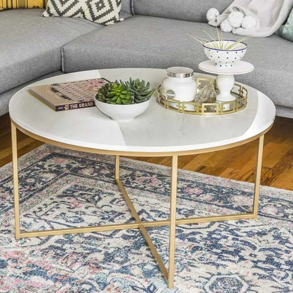 STEEL ART CRAFT Round Coffee Table for Living Room | White Marble-Look Tabletop with Gold Finish Metal Frame | Modern Round Center Table | 70 x 70 x 45 cm - STEEL ART CRAFT