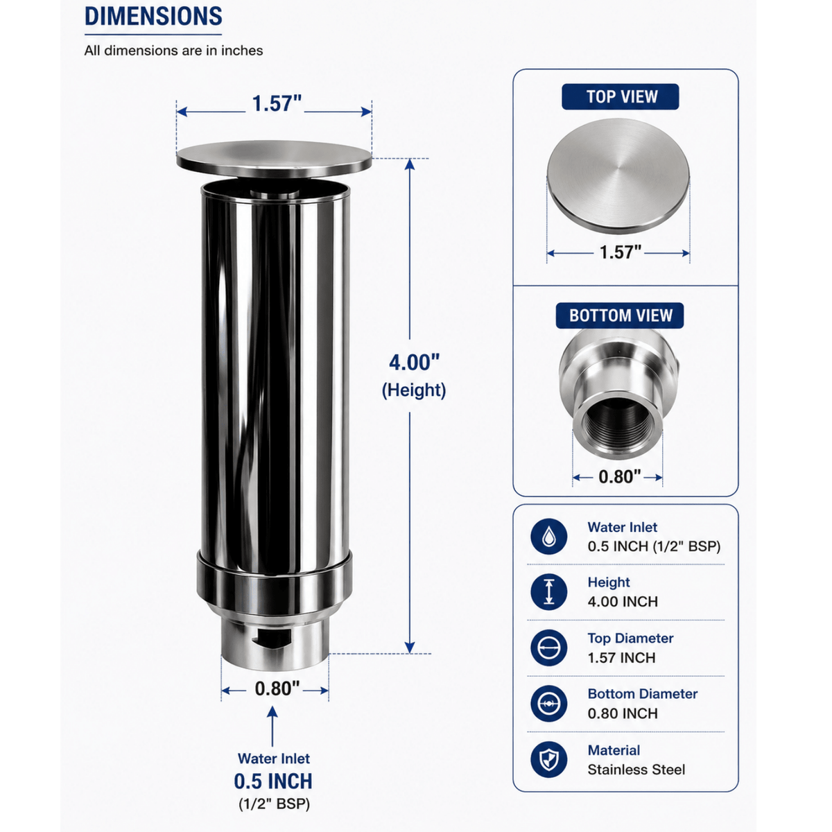 SteelArtCraft 0.5"/0.75"/1" Inlet Umbrella Fountain Nozzle | Stainless Steel Water Fountain Nozzle | 4 Inch Height | 1.57 Inch Top Diameter | 1/2" BSP Water Inlet - STEEL ART CRAFT