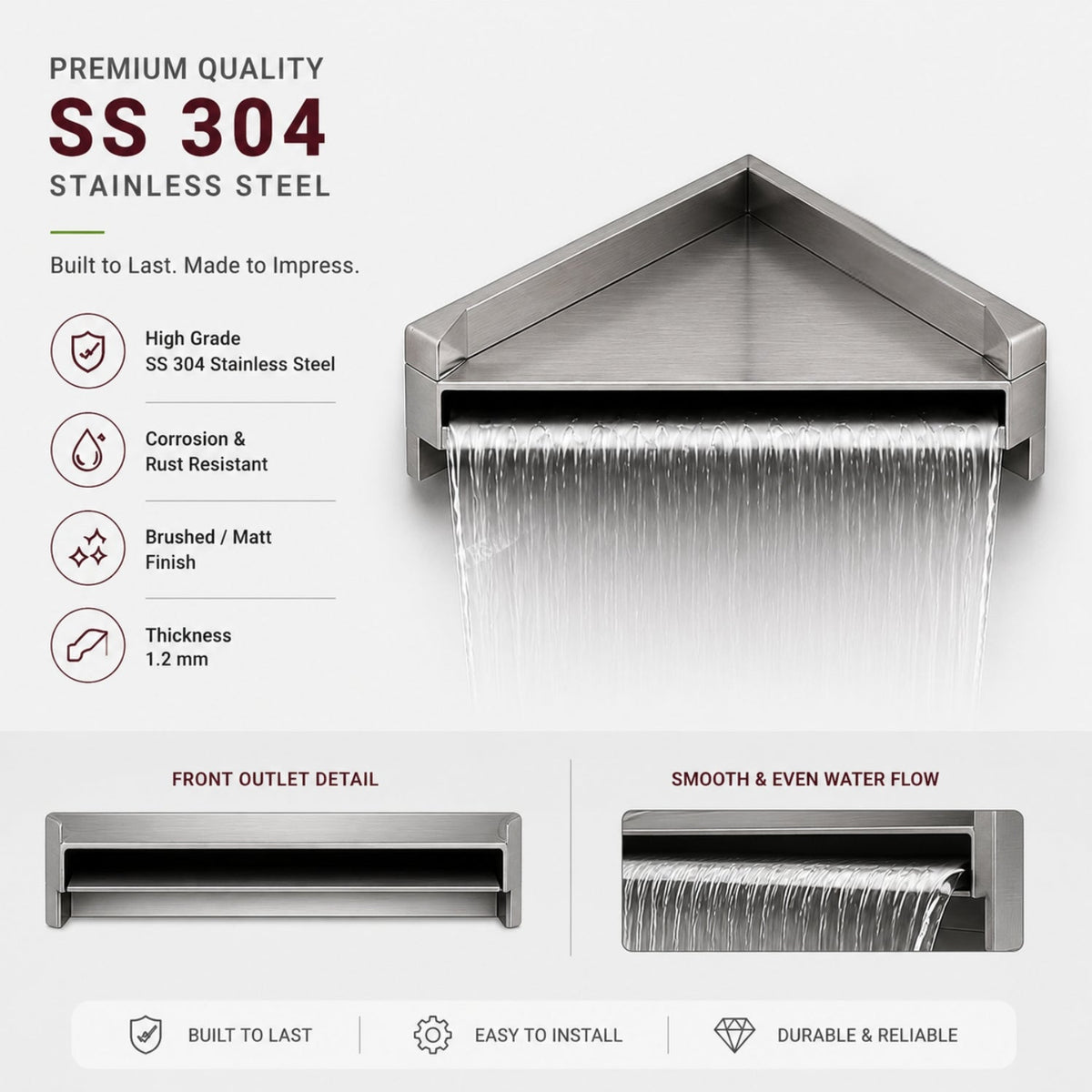 SteelArtCraft 1 FT Corner Waterfall Fountain | SS 304 Stainless Steel | Straight Mouth Cascade Waterfall | Wall Mounted Fountain Nozzle - STEEL ART CRAFT