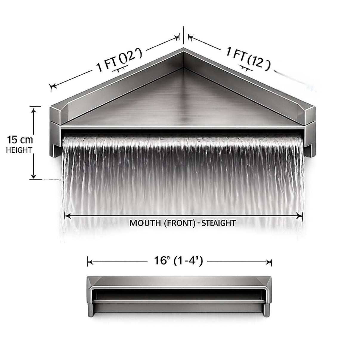 SteelArtCraft 1 FT Corner Waterfall Fountain | SS 304 Stainless Steel | Straight Mouth Cascade Waterfall | Wall Mounted Fountain Nozzle - STEEL ART CRAFT