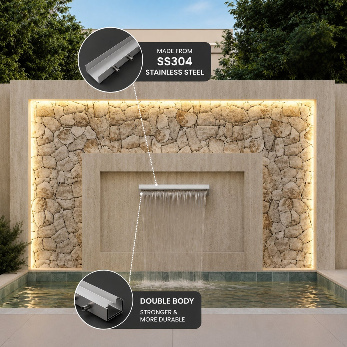 STEELARTCRAFT 24 Inch Long Neck Stainless Steel Waterfall Cascade | 5 Inch Extended Spout | 2 Inlet - STEEL ART CRAFT