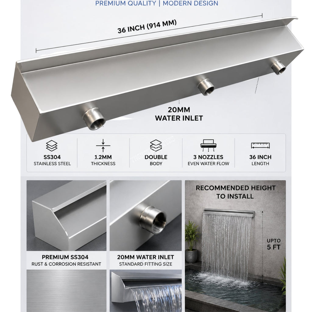 SteelArtCraft 36 Inch Short neck Stainless Steel Cascade Blade | SS304 Waterfall Spillway | 90cm Length | 3 × 20mm Inlets | Double Body - STEEL ART CRAFT