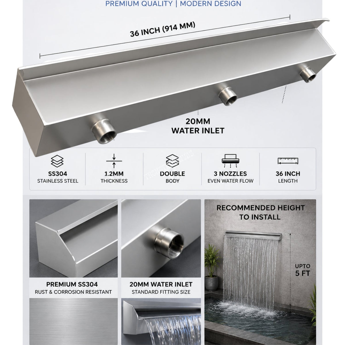 SteelArtCraft 36 Inch Short neck Stainless Steel Cascade Blade | SS304 Waterfall Spillway | 90cm Length | 3 × 20mm Inlets | Double Body - STEEL ART CRAFT